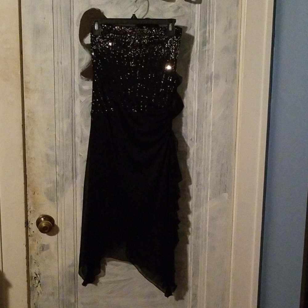 Asymmetrical strapless black sequins dress